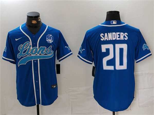 Mens Detroit Lions #20 Barry Sanders Blue With 90th Anniversary Patch Cool Base Stitched Baseball Jersey